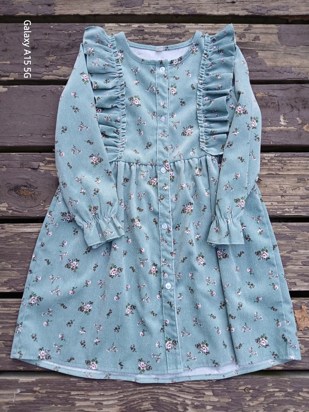 Girls' Sage Green Floral Button-Front Ruffle Dress